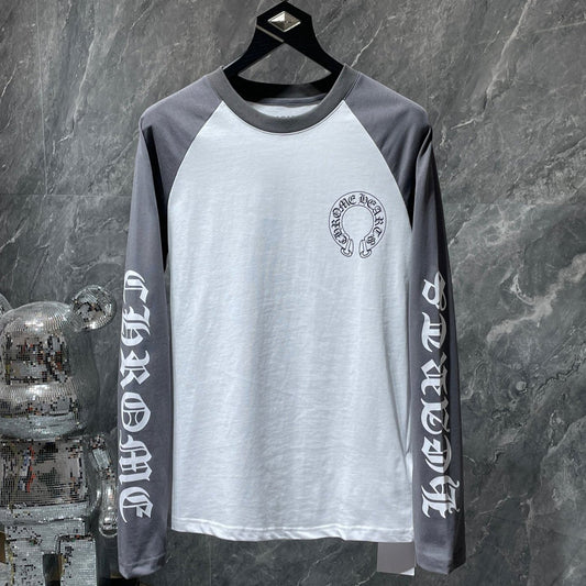 Ch Hearts 25ss Trendy Brand Unisex Pure Cotton Large Horse Hoof Color Block Raglan Long Sleeve T-Shirt
