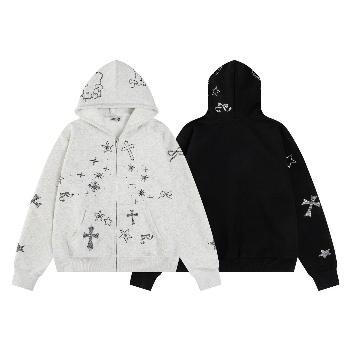 Unisex rhinestone graphic zip-up hoodie detail 3