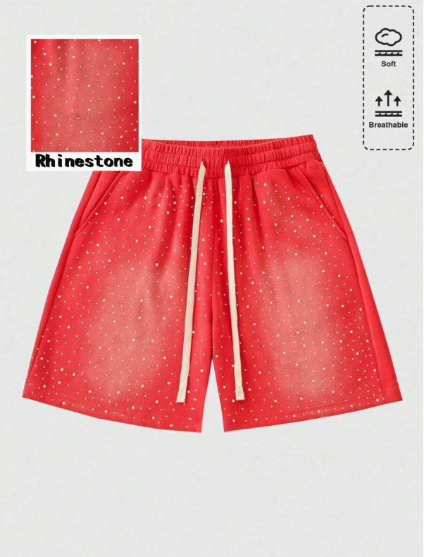 GMabcd Men's Denim Shorts Summer European Size Rhinestone Craft Elastic Waist Knee-Length Shorts for Men