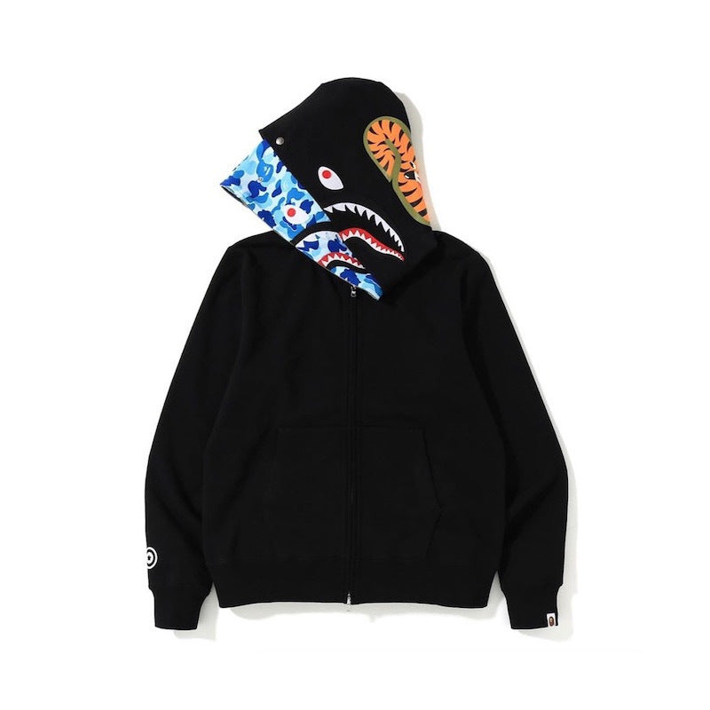 GMabcd Unisex Shark Camo Zip-Up Hoodie – Relaxed Streetwear Jacket – 8806 Double Hood Blue