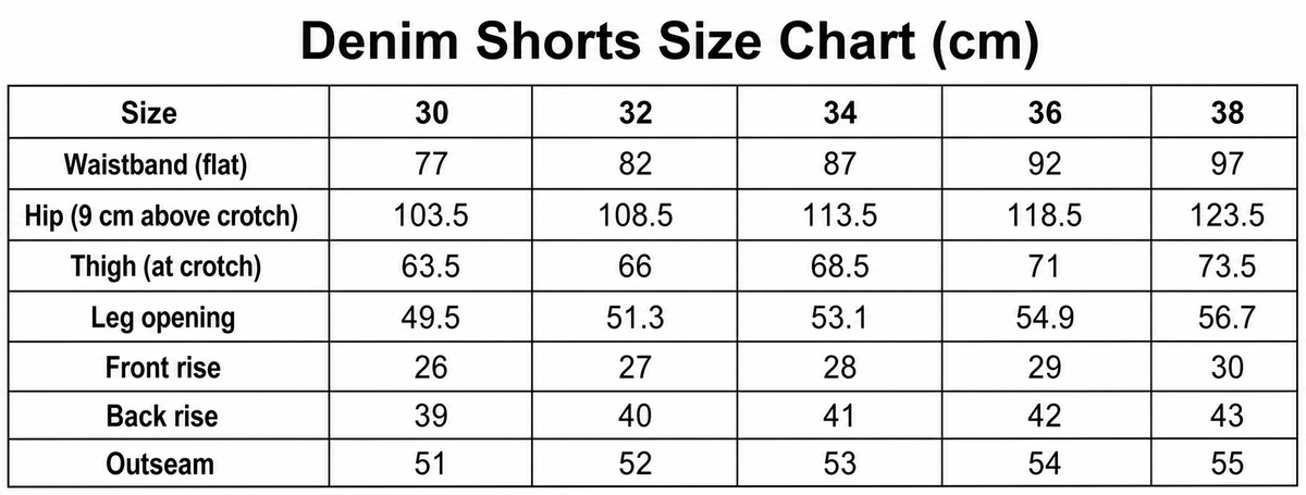 Men's denim shorts English size chart in centimeters