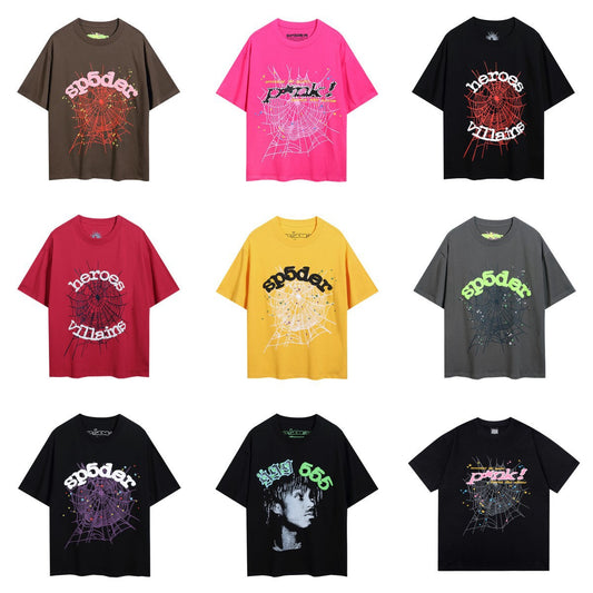 2025 New European and American Fashion Brand Male and Female Couples Wear plus Size Loose SP5-Der Spider Web Printed Short Sleeve T-shirt