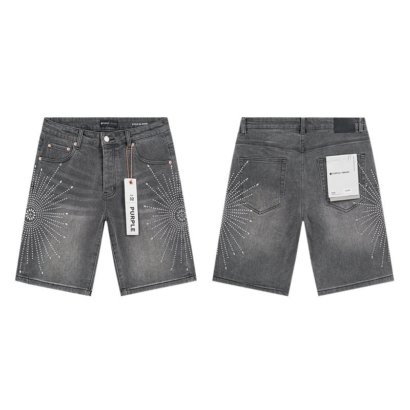 GMABCD Men's Vintage Distressed Patchwork Denim Shorts – Straight-Leg Streetwear – detail view 2