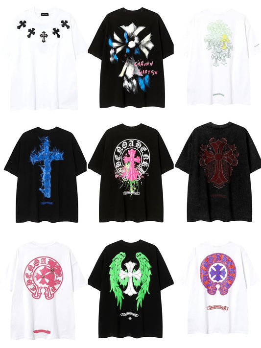 2025 New CHRM Heart Cross Sanskrit patch embroidered loose short sleeve shirt for men and women