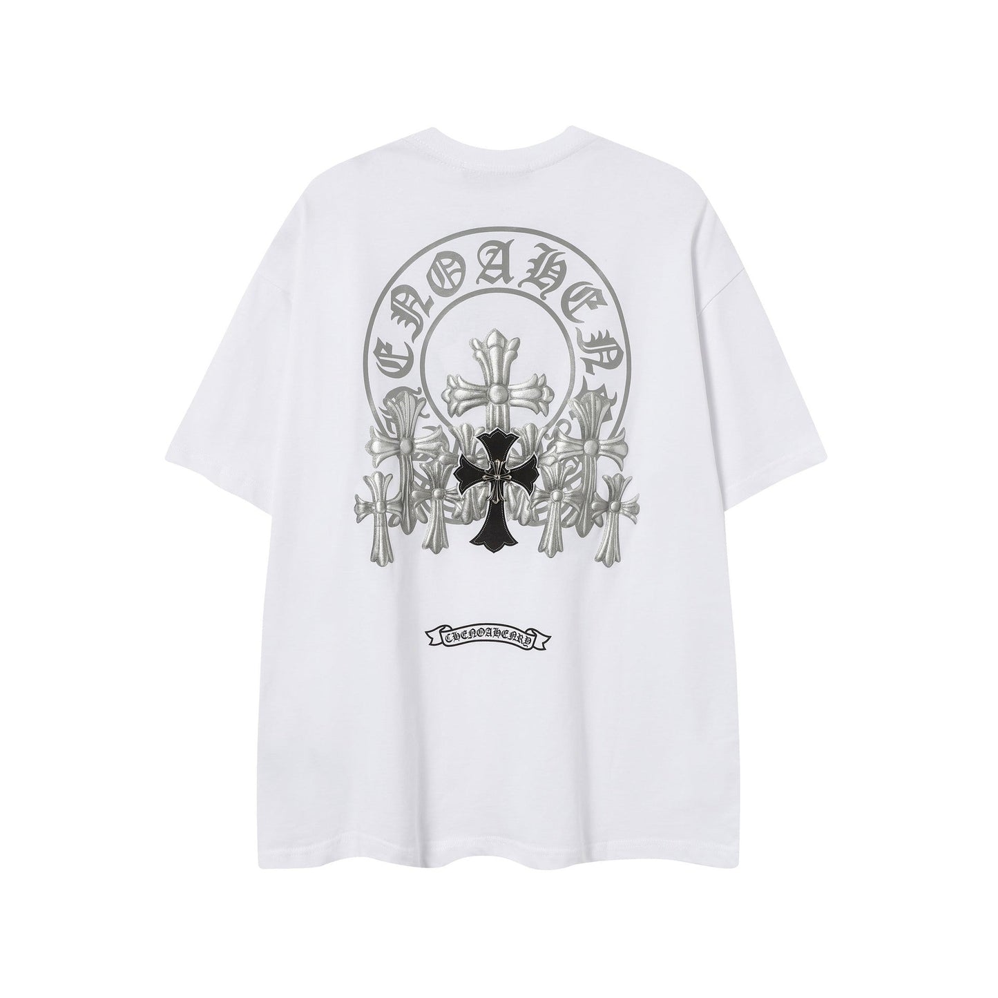 2025 New CHRM Heart Cross Sanskrit Patch Print Embroidery Loose Short Sleeve for Men and Women