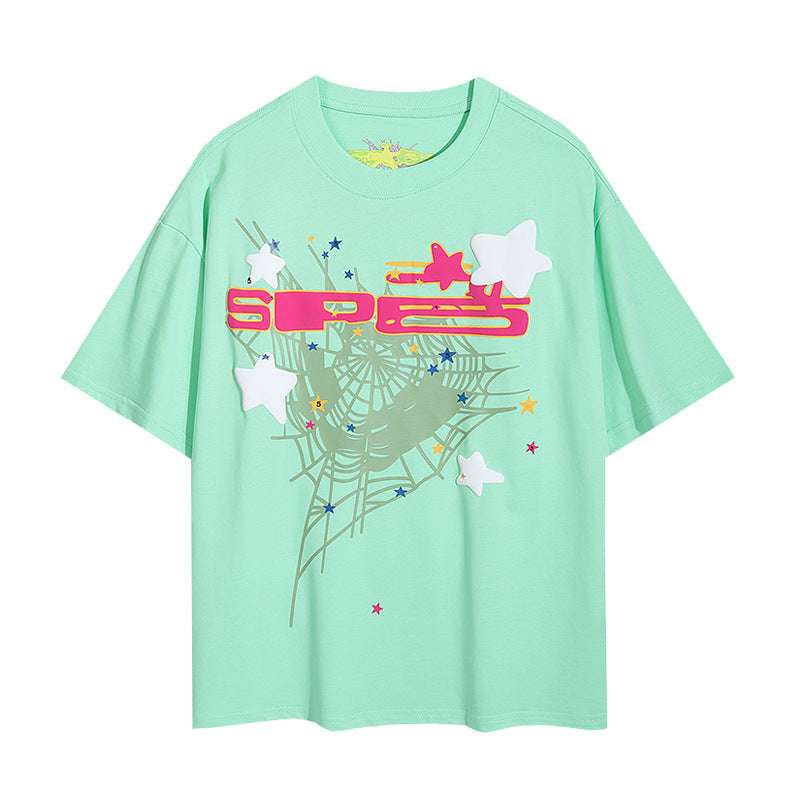2025 New European and American Fashion Brand Male and Female Couples Wear plus Size Loose SP5-Der Spider Web Printed Short Sleeve T-shirt