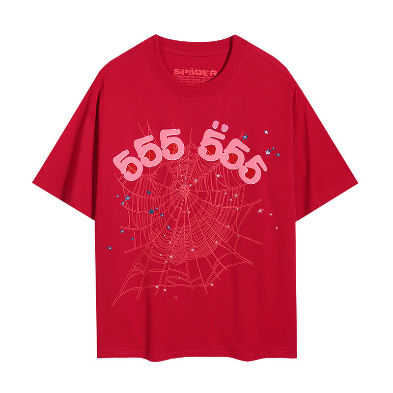 2025 New European and American Fashion Brand Male and Female Couples Wear plus Size Loose SP5-Der Spider Web Printed Short Sleeve T-shirt