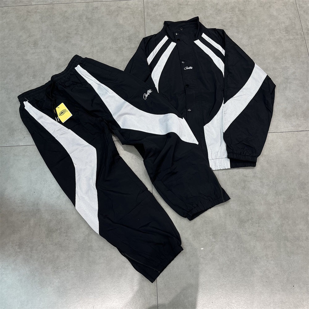 Men's New Corteiz Suit with embroidered logo, thin spring sports pants, and zipper detail