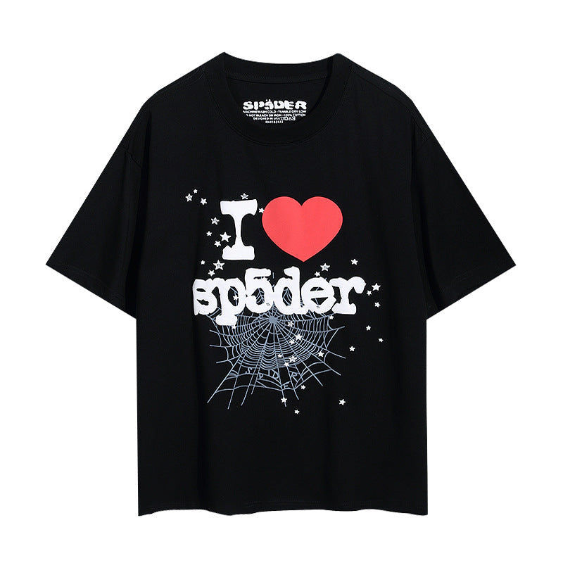 2025 New European and American Fashion Brand Male and Female Couples Wear plus Size Loose SP5-Der Spider Web Printed Short Sleeve T-shirt