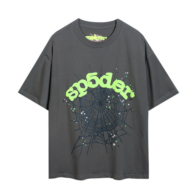 2025 New European and American Fashion Brand Male and Female Couples Wear plus Size Loose SP5-Der Spider Web Printed Short Sleeve T-shirt