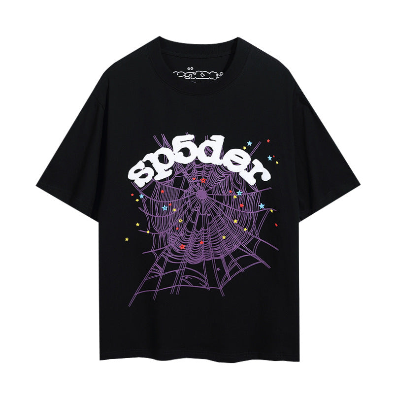 2025 New European and American Fashion Brand Male and Female Couples Wear plus Size Loose SP5-Der Spider Web Printed Short Sleeve T-shirt