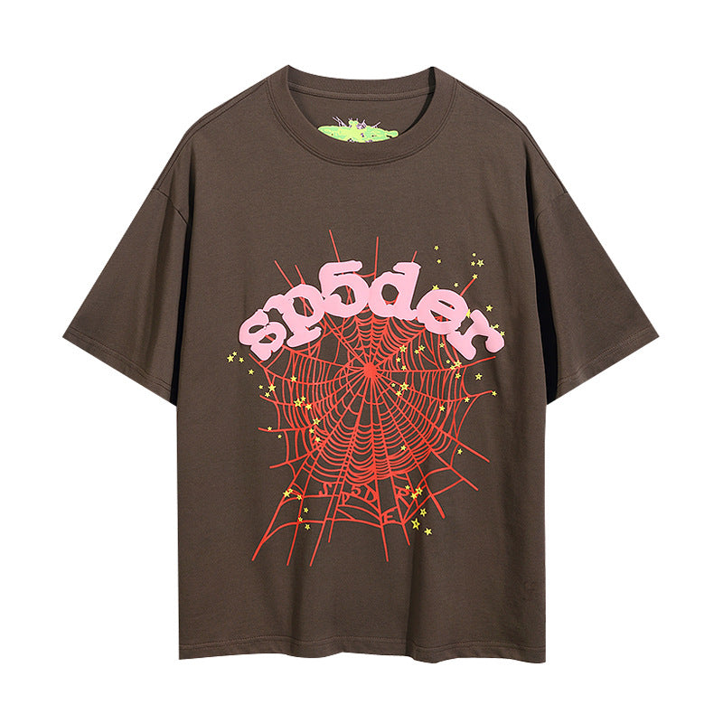 2025 New European and American Fashion Brand Male and Female Couples Wear plus Size Loose SP5-Der Spider Web Printed Short Sleeve T-shirt