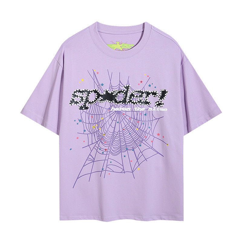 2025 New European and American Fashion Brand Male and Female Couples Wear plus Size Loose SP5-Der Spider Web Printed Short Sleeve T-shirt