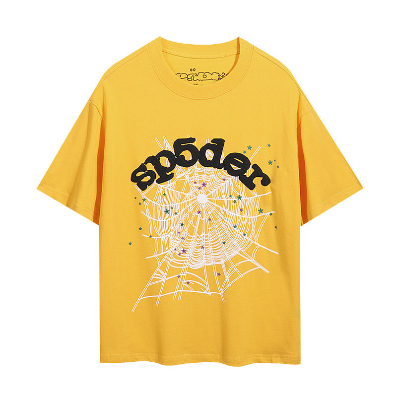 2025 New European and American Fashion Brand Male and Female Couples Wear plus Size Loose SP5-Der Spider Web Printed Short Sleeve T-shirt