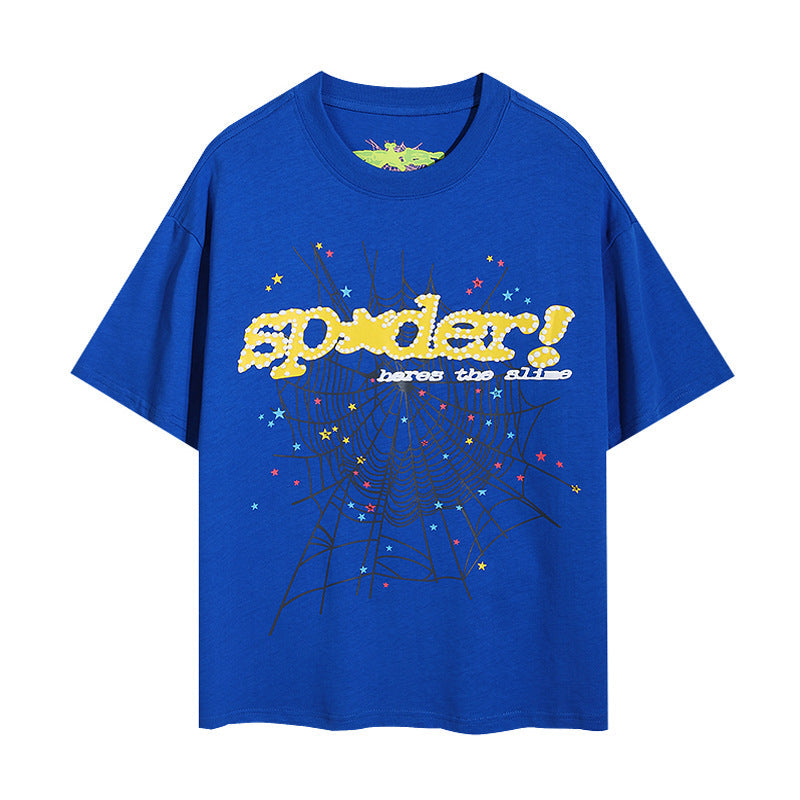 2025 New European and American Fashion Brand Male and Female Couples Wear plus Size Loose SP5-Der Spider Web Printed Short Sleeve T-shirt