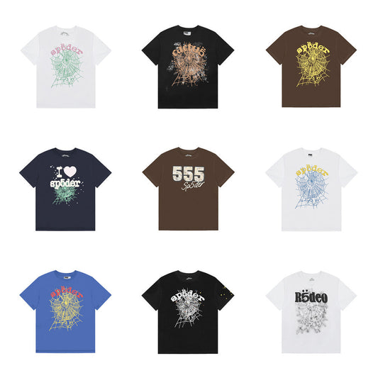 25S trendy brand spider web 555 letter print short unisex American high street style tee