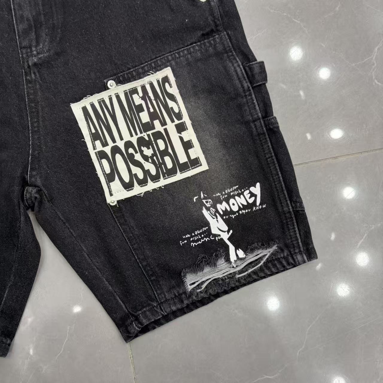 Unisex patchwork distressed denim Bermuda shorts detail 4