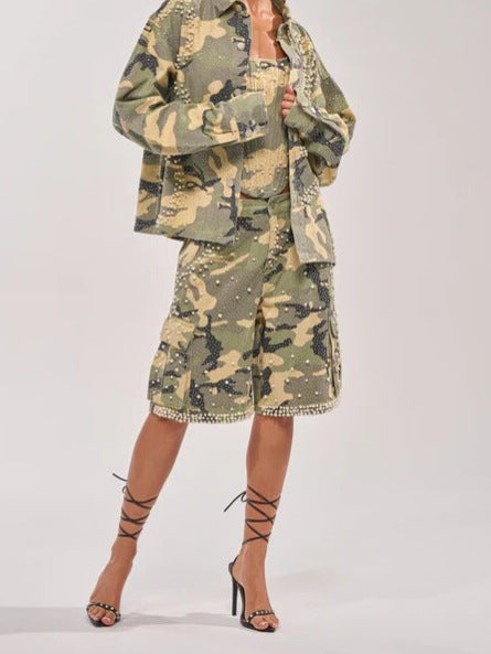 Green rhinestone camo denim shorts detail