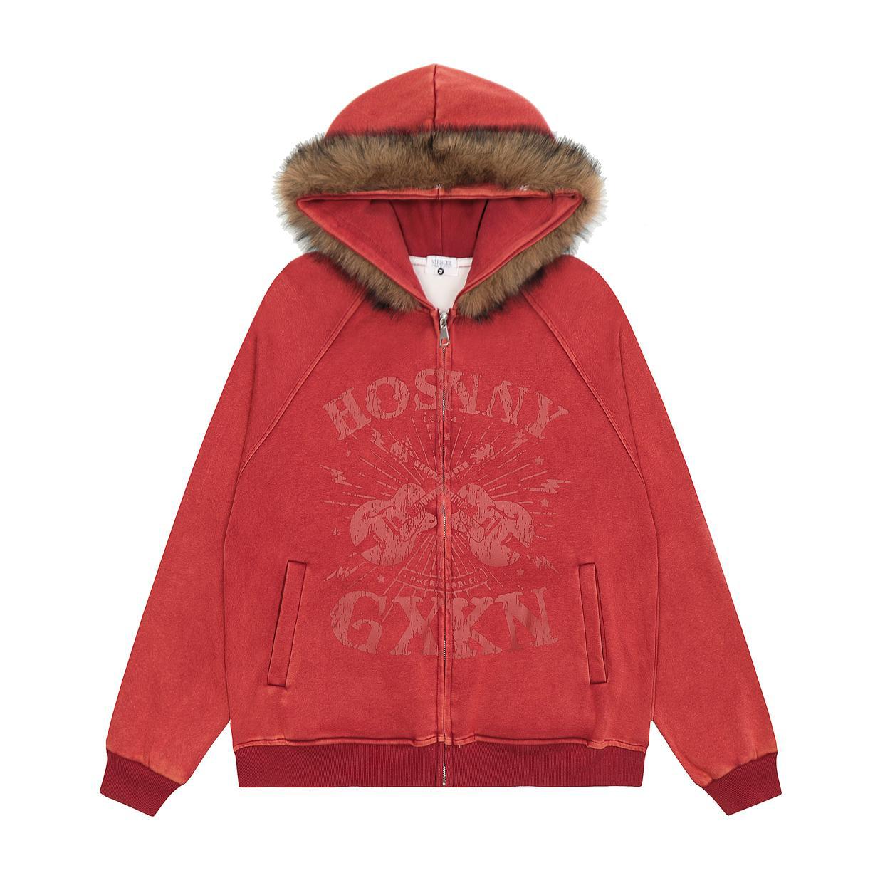 Unisex guitar graphic fur-trim zip-up hoodie detail 3