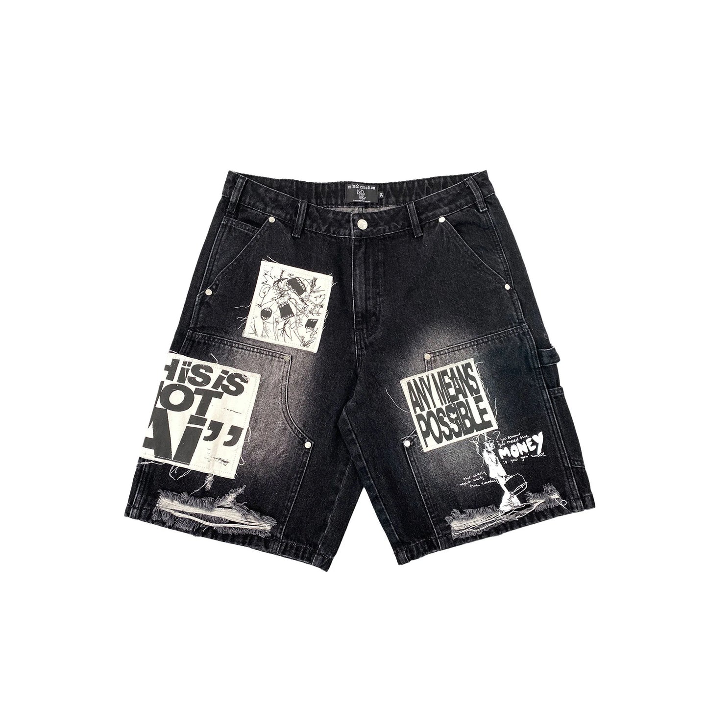 VARIANT_IMAGE::EM163 Black | Patchwork distressed denim Bermuda shorts