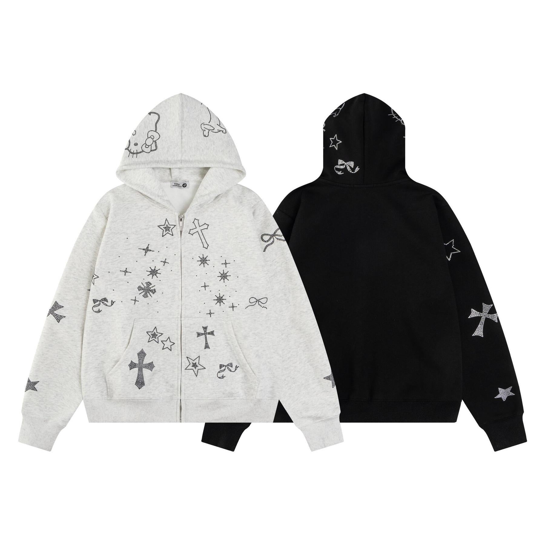 Unisex rhinestone graphic zip-up hoodie detail 3