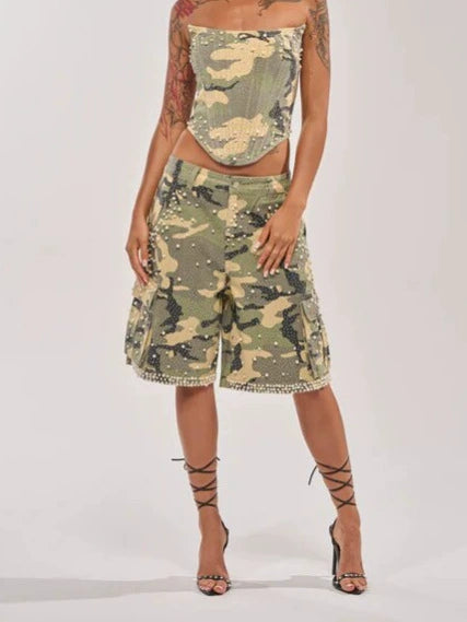 Green rhinestone camo denim shorts detail