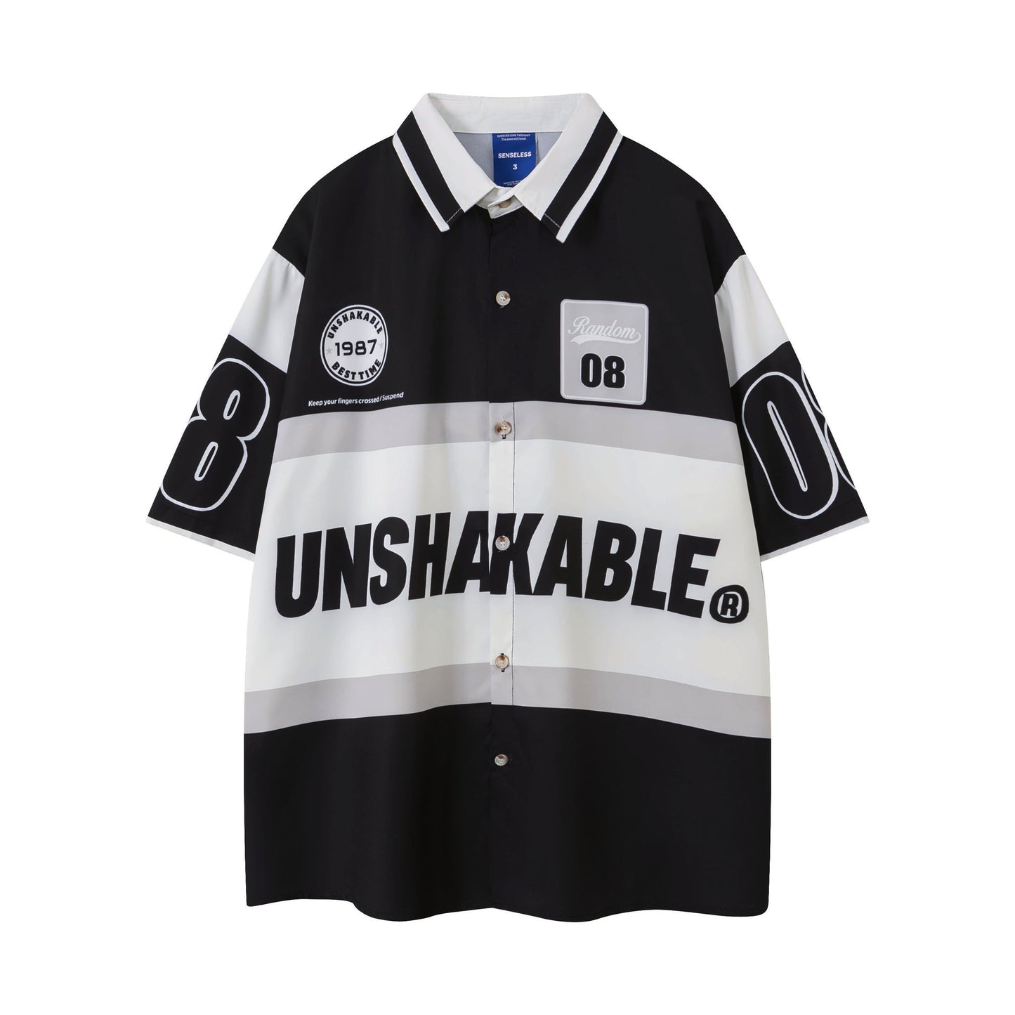 VARIANT_IMAGE::Black | Color-block graphic button-up T-shirt