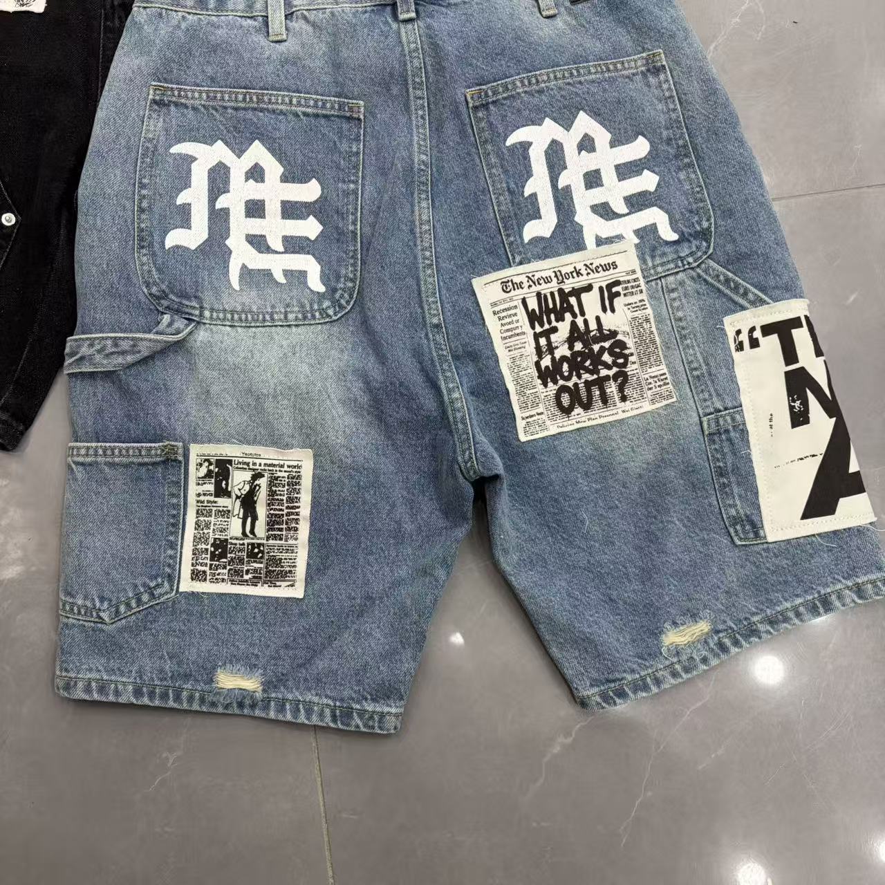 VARIANT_IMAGE::EM163 Blue | Patchwork distressed denim Bermuda shorts