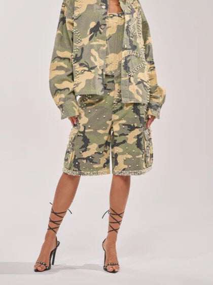 Green rhinestone camo denim shorts detail