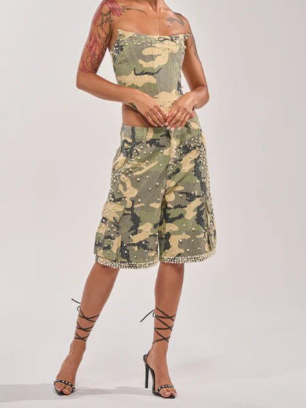 Green rhinestone camo denim shorts detail