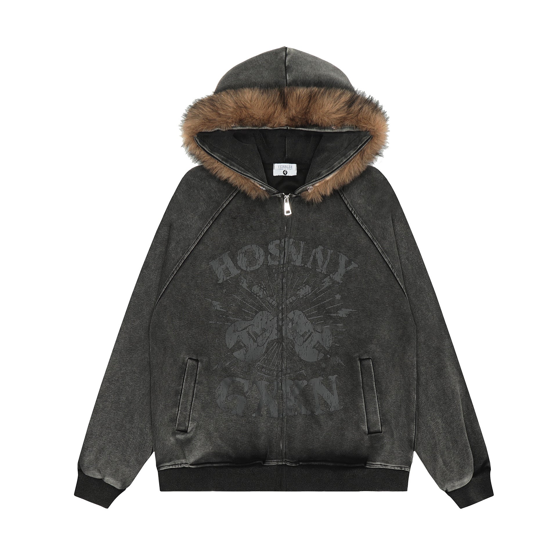 VARIANT_IMAGE::Black | Guitar graphic fur-trim zip hoodie