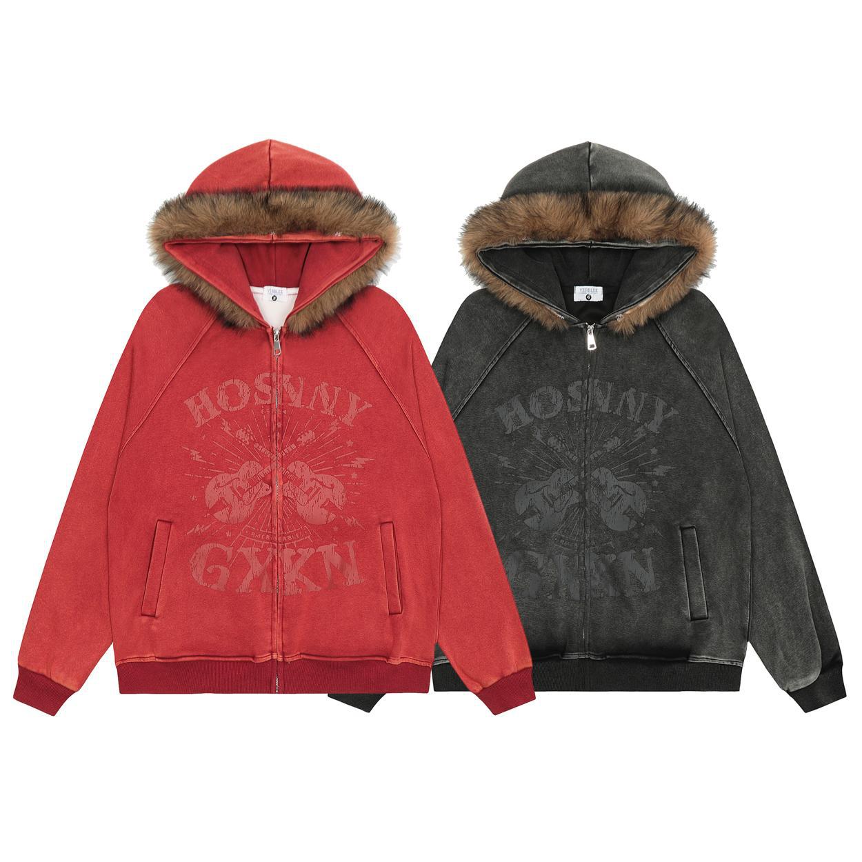 Unisex guitar graphic fur-trim zip-up hoodie detail 5