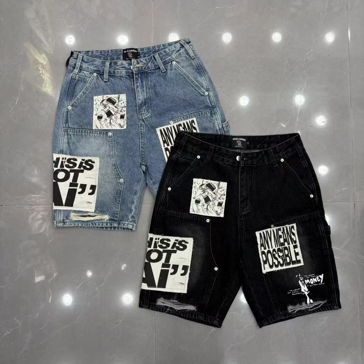 Unisex patchwork distressed denim Bermuda shorts detail 1
