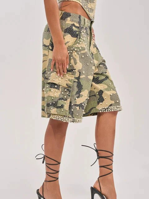 Green rhinestone camo denim shorts detail