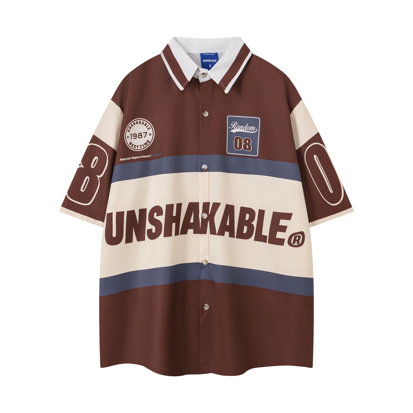 VARIANT_IMAGE::Brown | Color-block graphic button-up T-shirt