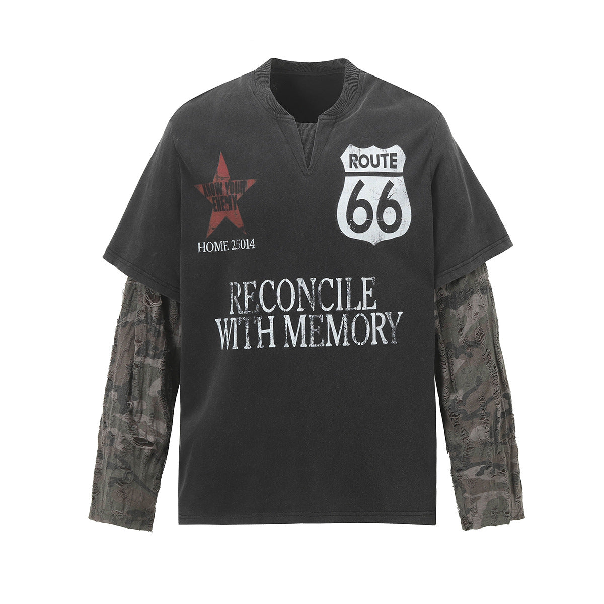 Unisex washed distressed layered long-sleeve T-shirt image 3