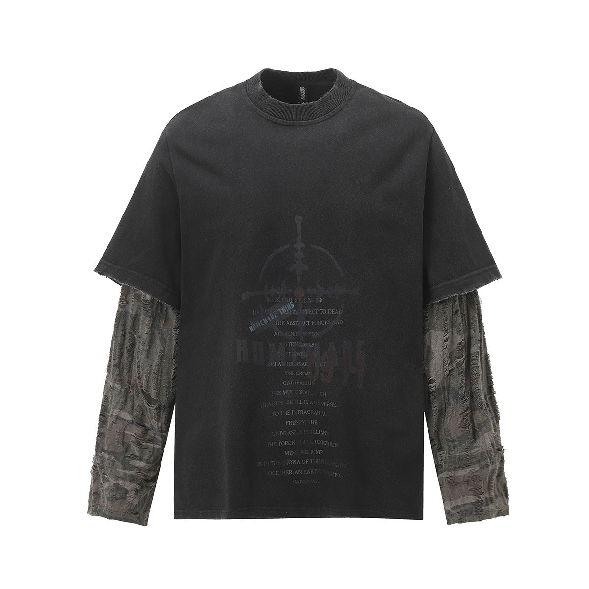 Unisex washed distressed layered long-sleeve T-shirt image 1