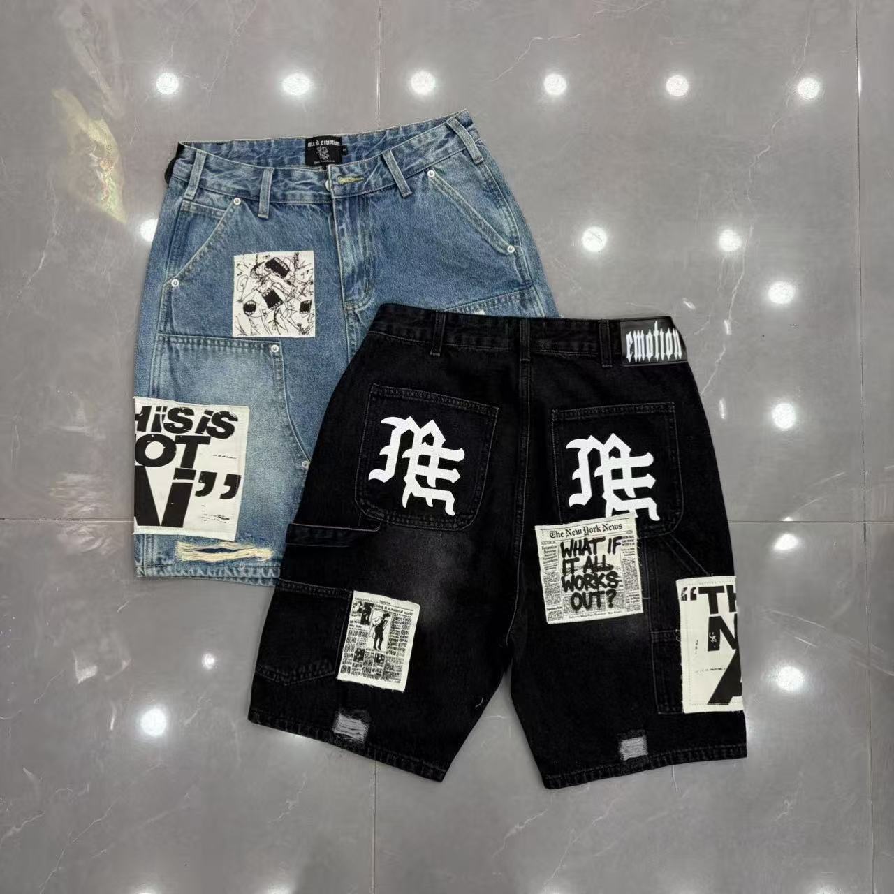 Unisex patchwork distressed denim Bermuda shorts detail 2