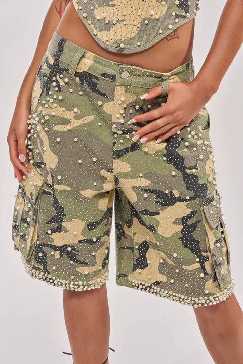 Green rhinestone camo denim shorts detail