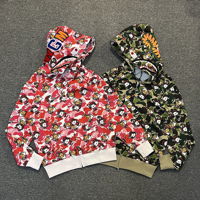 Men's Sweatshirt Shark Cartoon Camouflage Hello Kitty Casual Loose Hooded Top Women's Jacket