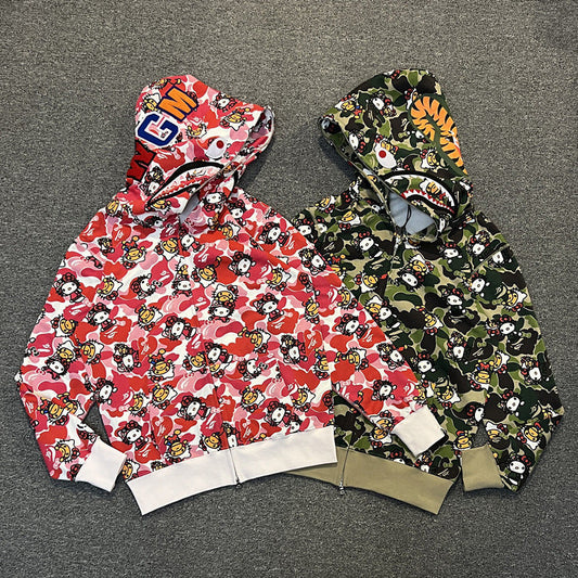 Men's Sweatshirt Shark Cartoon Camouflage Hello Kitty Casual Loose Hooded Top Women's Jacket