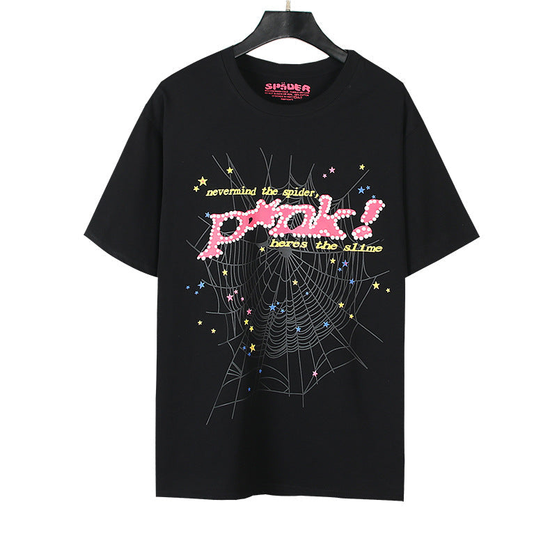 2025 New European and American Fashion Brand Male and Female Couples Wear plus Size Loose SP5-Der Spider Web Printed Short Sleeve T-shirt
