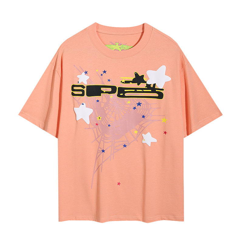 2025 New European and American Fashion Brand Male and Female Couples Wear plus Size Loose SP5-Der Spider Web Printed Short Sleeve T-shirt