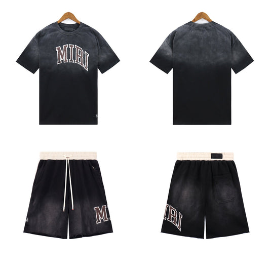 Ami Summer Washed and Worn Casual Letter American T-shirt Loose Men's and Women's Same Shorts Suit