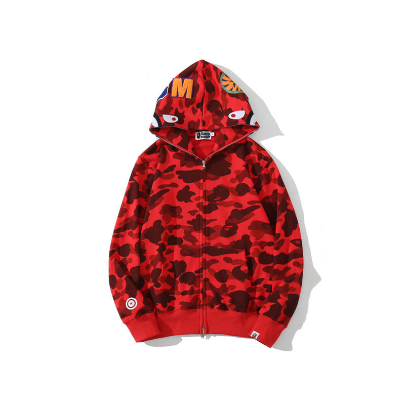 GMabcd Unisex Shark Camo Zip-Up Hoodie – Relaxed Streetwear Jacket – 8301 Red