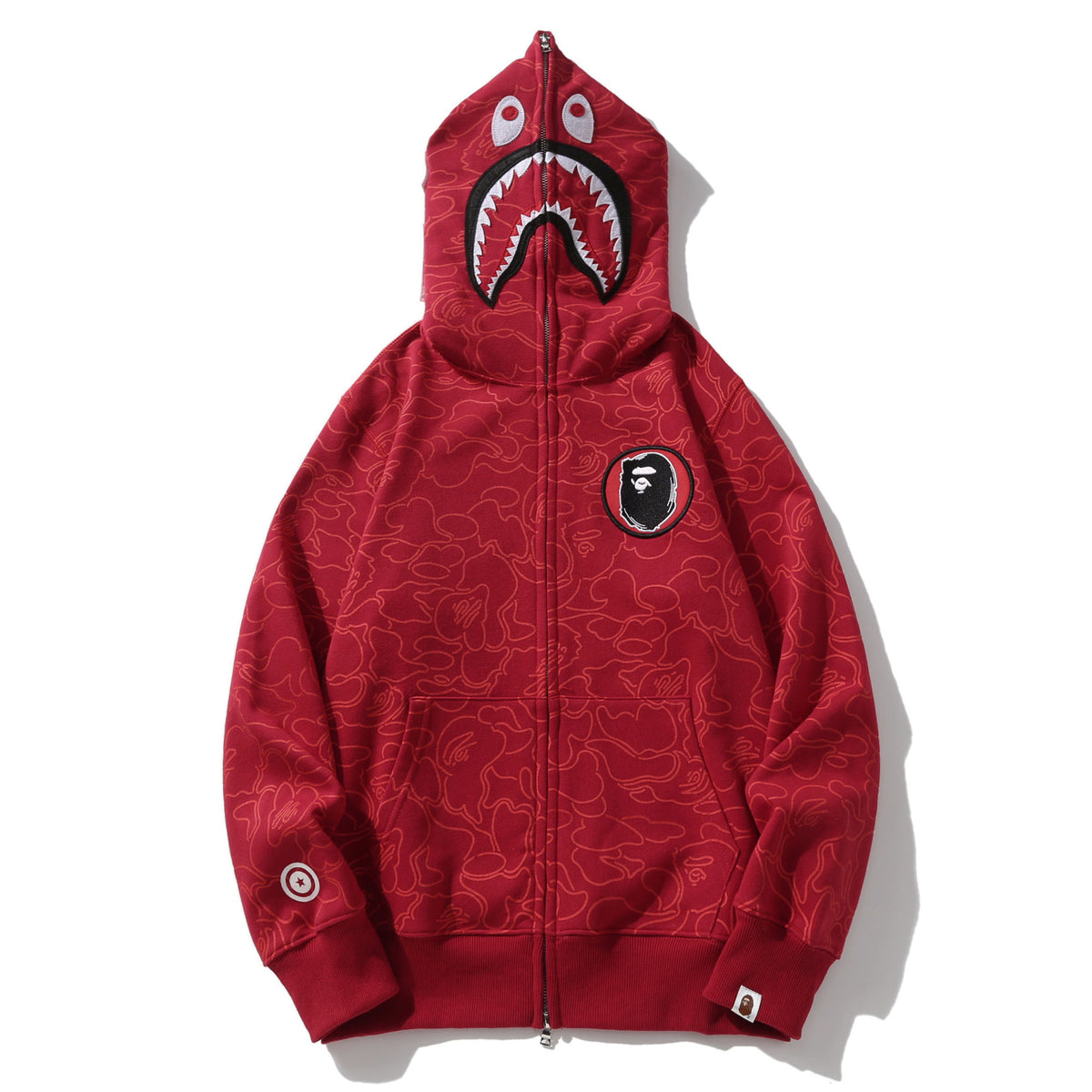 GMabcd Unisex Shark Camo Zip-Up Hoodie – Relaxed Streetwear Jacket – 6830 Red