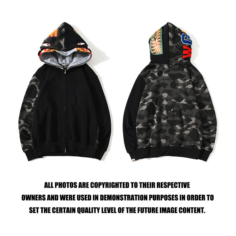 GMabcd Unisex Shark Camo Zip-Up Hoodie – Relaxed Streetwear Jacket – 6660 Double Hood Black