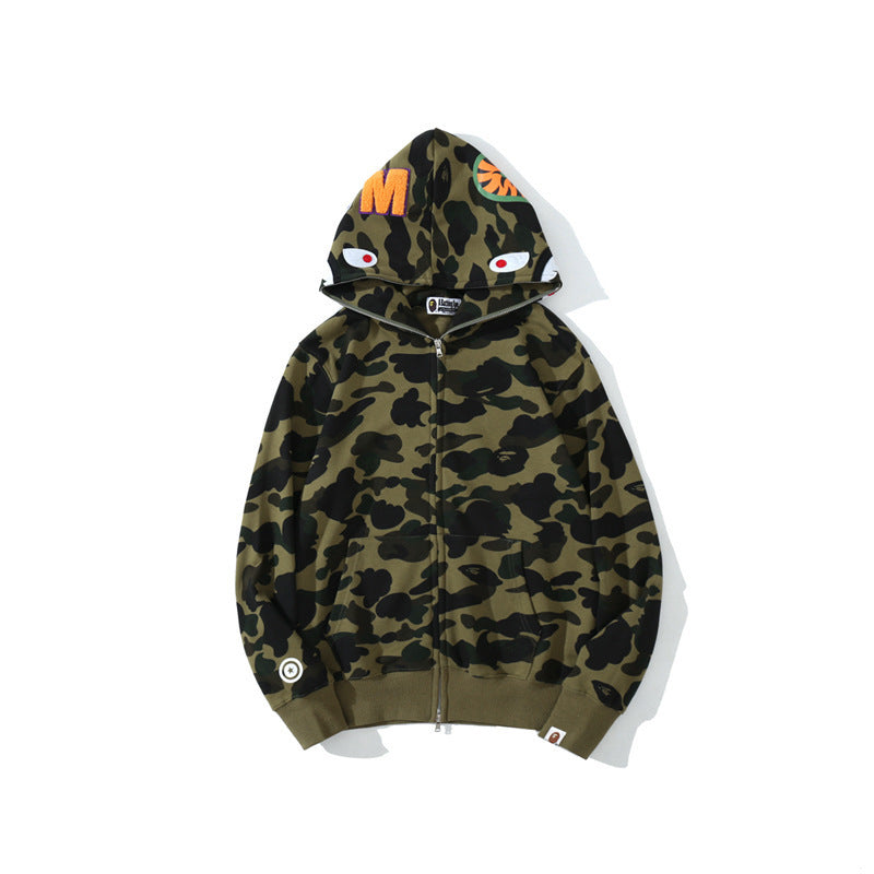 GMabcd Unisex Shark Camo Zip-Up Hoodie – Relaxed Streetwear Jacket – 8301 Green