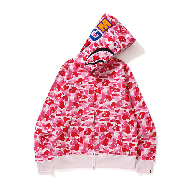 GMabcd Unisex Shark Camo Zip-Up Hoodie – Relaxed Streetwear Jacket – 8361 Pink