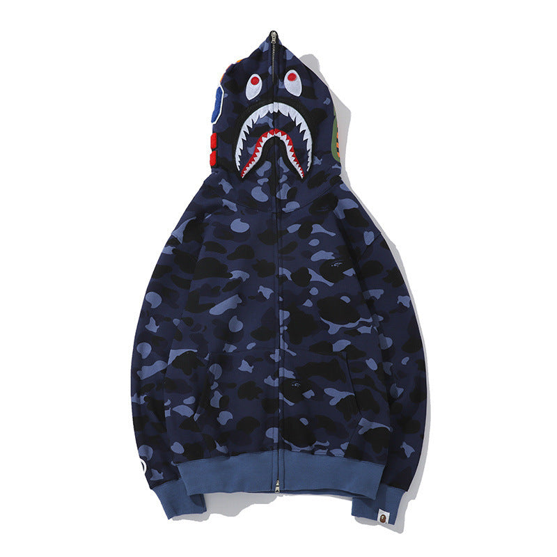 GMabcd Unisex Shark Camo Zip-Up Hoodie – Relaxed Streetwear Jacket – 6323 Fleece-Lined Blue